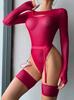 European and American Mesh Color Block Outerwear & Long Sleeve Camisole Bodysuit Lingerie Set for Women