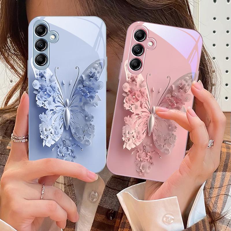 Green Flower Butterfly For Samsung A 73 72 71 70 56 55 54 53 52 51 50 42 35 34 33 32 31 26 25 24 23 22 30 20 Glass Phone Case