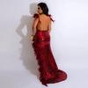European & American Sexy Feather Sequin High Slit V-Neck Open Back Party Dress