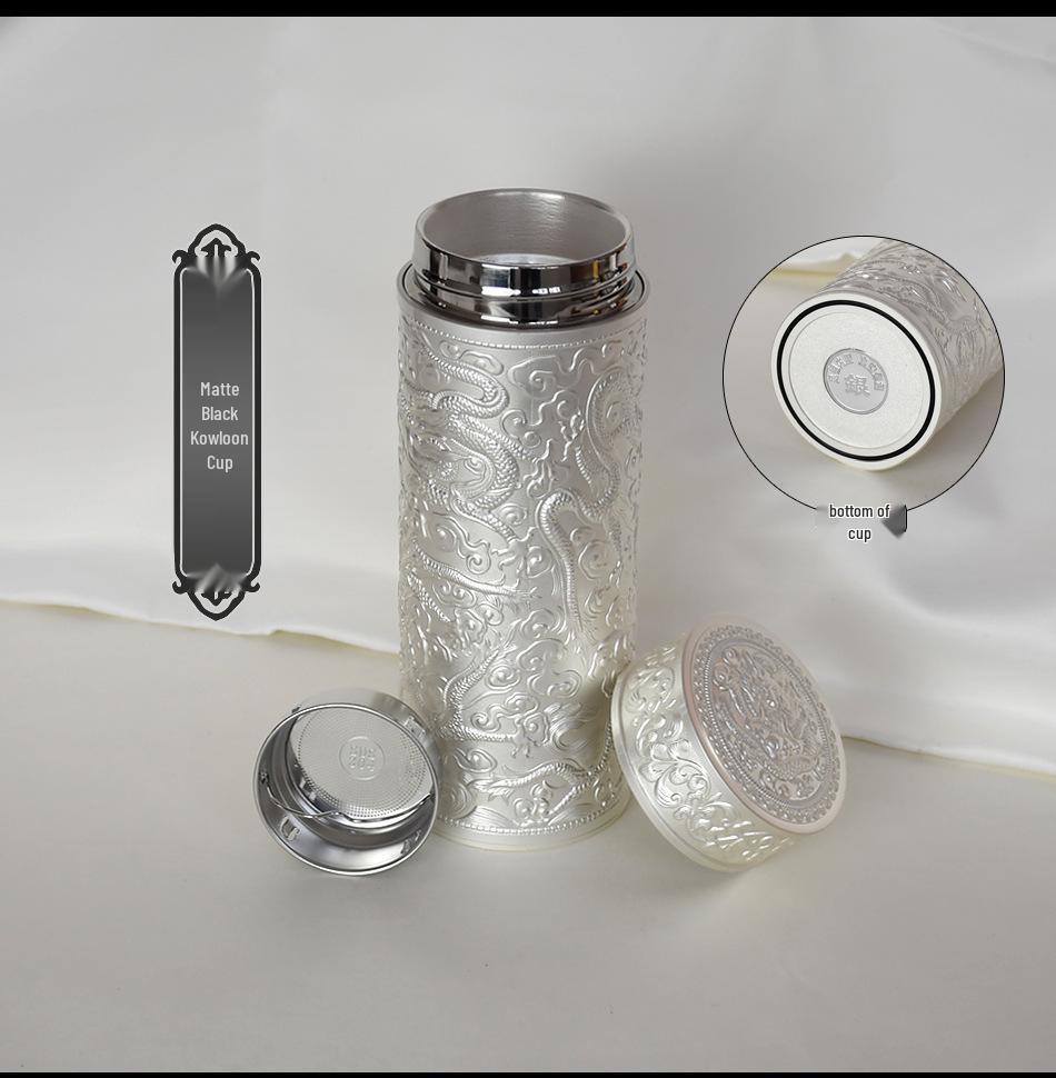 Reinsilber 9999 Thermalwasserbecher - Neun Drachen, Hundert Segnungen, Drachen & Phönix Design