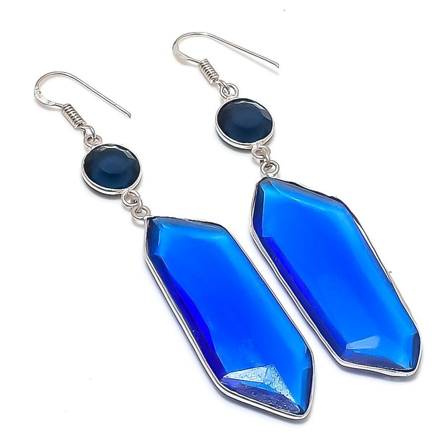 Natural Swiss Blue Topaz, Quartz Gemstone 925 Sterling Silver Earring 3.23" S6l08