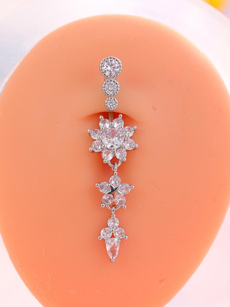 Gold Stainless Steel Long Dangle Flower CZ Belly Button Ring for Women