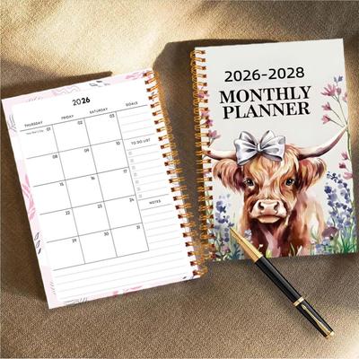 Miesięczny Planer 2026-2028 50 Stron Oprawa Spiralna Notatnik Akademicki Wzór Bydła Książka z Agendą Dla Dzieci Pisanie Biuro Szkoła