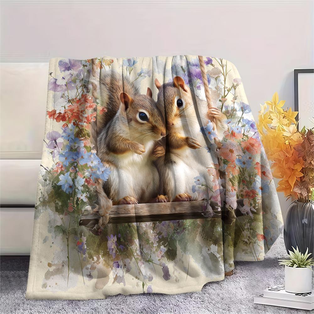 Two Squirrels,pattern Flannel Blanket, High quality Comfortable for All Seasons, Home Decor, Warmth and Comfort, Perfect for Gifts.