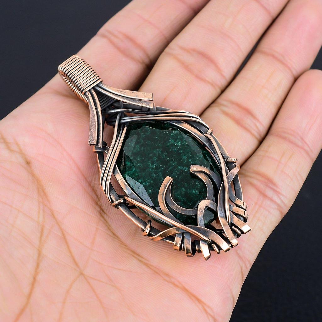 Emerald Pendant, 999 Copper Wire Wrapped Pendant Gemstone Jewelry, Handmade Pendant Amazing Jewelry, Gift For Her