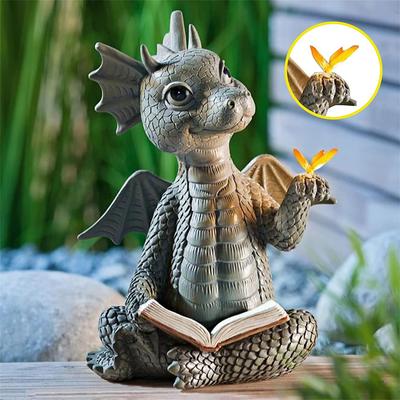 Livre de lecture de jardin Petite sculpture de dragon Statues de dragon mignonnes Sculptures de dragon en résine Ornement d'art pour la décoration de la pelouse de la cour