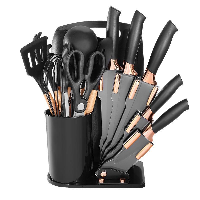 19-Piece Silicone Kitchen Utensil Set With Wooden Handles Non-Stick Heat-Resistant Cooking Tools Induction Pots Fan-shaped Base 19-piece Kitchen Utensil Set Black