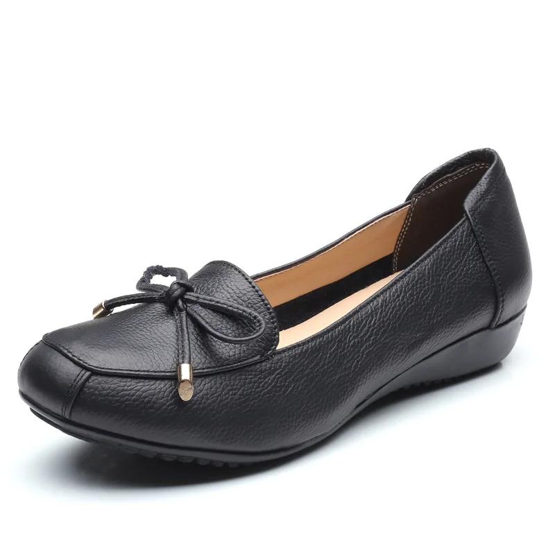 Fashion Women Genuine Leather Shoes Ballet Flats Spring Ladies Flat Low Heel Bowknot Comfy Soft Leather Slip on Shoes for Female Zapatos