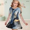 Girls Round Neck Short Sleeve Black Blue Floral Tree Printed A Line Flared Dress