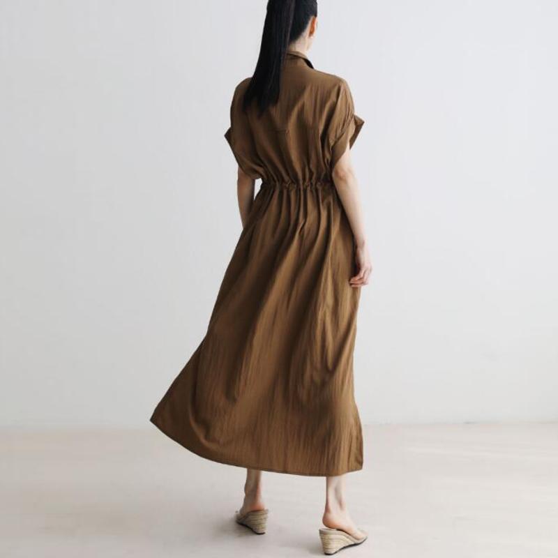 Johnature Short-sleeved Shirt Dress Women Korean Loose Drawstring Summer Casual Simple Turn-down Collar Loose Dresses
