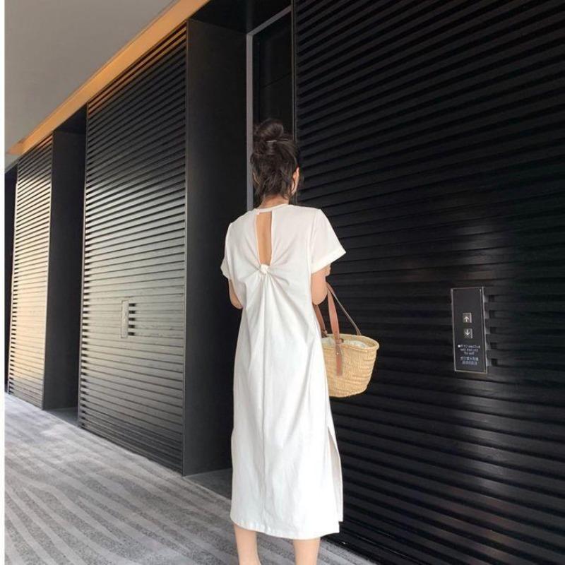 

Women s Over The Knee Long T-shirt Dress Summer Short Sleeves Loose Casual Lazy Design Sense Careful Machine Backless Dress M белый