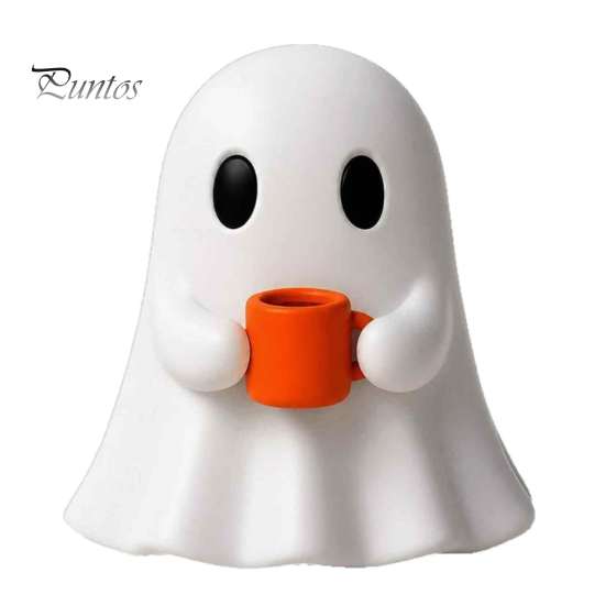 Small Gnome Statue Ghost Drinking Coffee Figurine, Cute White Holding Orange Mug Statue, Spooky Figurine Halloween Bar Decoration for Kitchen Counter,