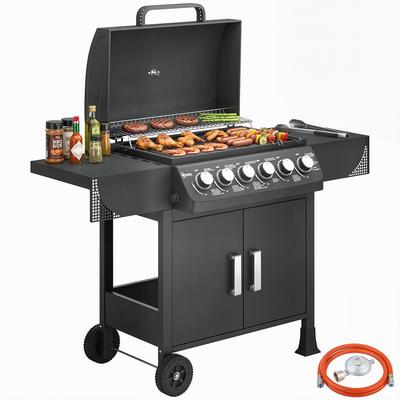Gas Barbecue with 6 Burners 15 kW Thermometer Grill Side Tables Cabinet and Wheels 135x51x101 Cm Black