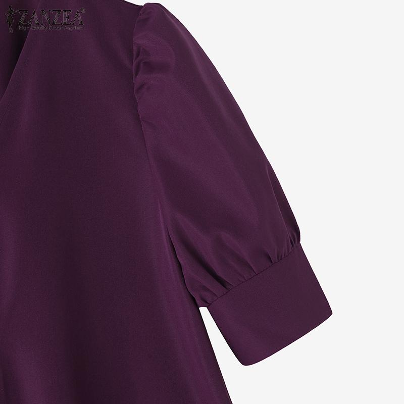 ZANZEA Women Casual V-neck Solid Color Loose Short Sleeve Dress