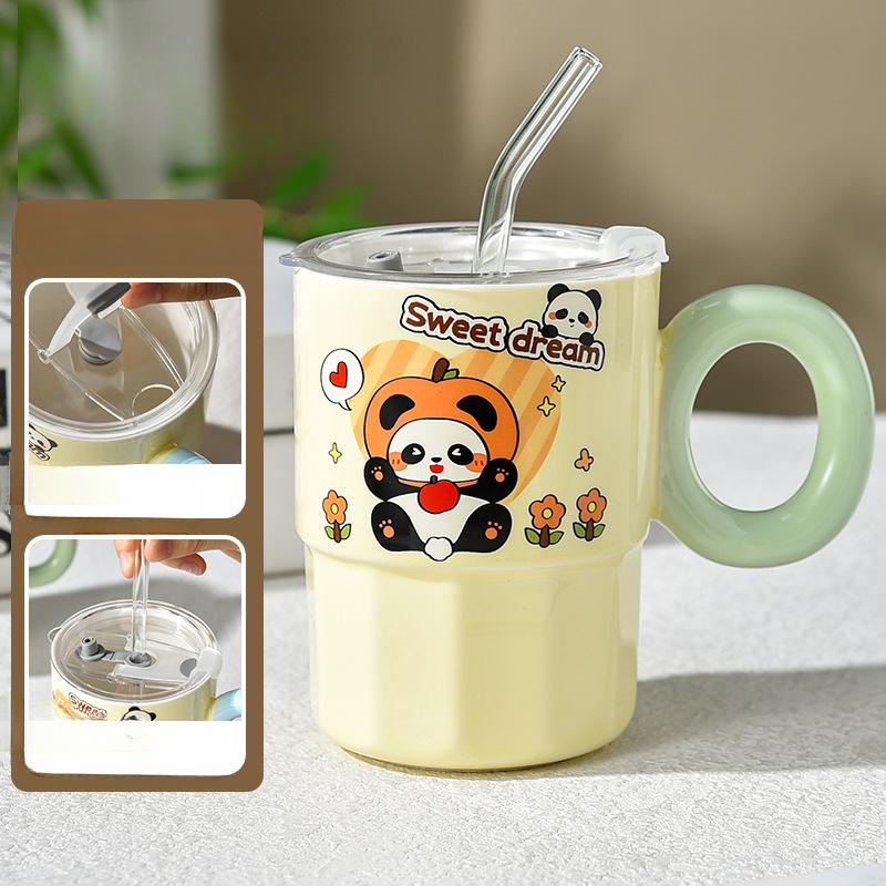 

Кружка Милая Панда Девочка Керамическая с Крышкой Для Пары Большая Вместимость Для Питья Воды С Ручкой Чашка Соломинка Для Непосредственного Питья Двойного Назначения 480ml