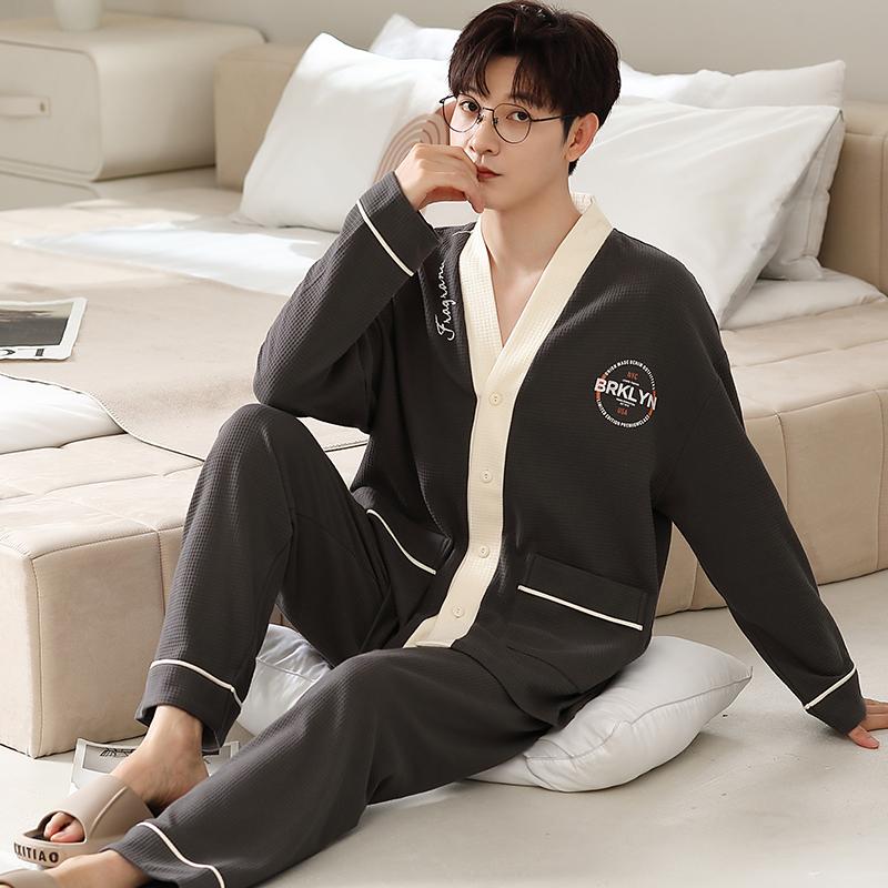 Herren Kimono Langarm Pyjama Set Cardigan Baumwolle Frühling und Herbst Loungewearkoreanische Mode Loungewear