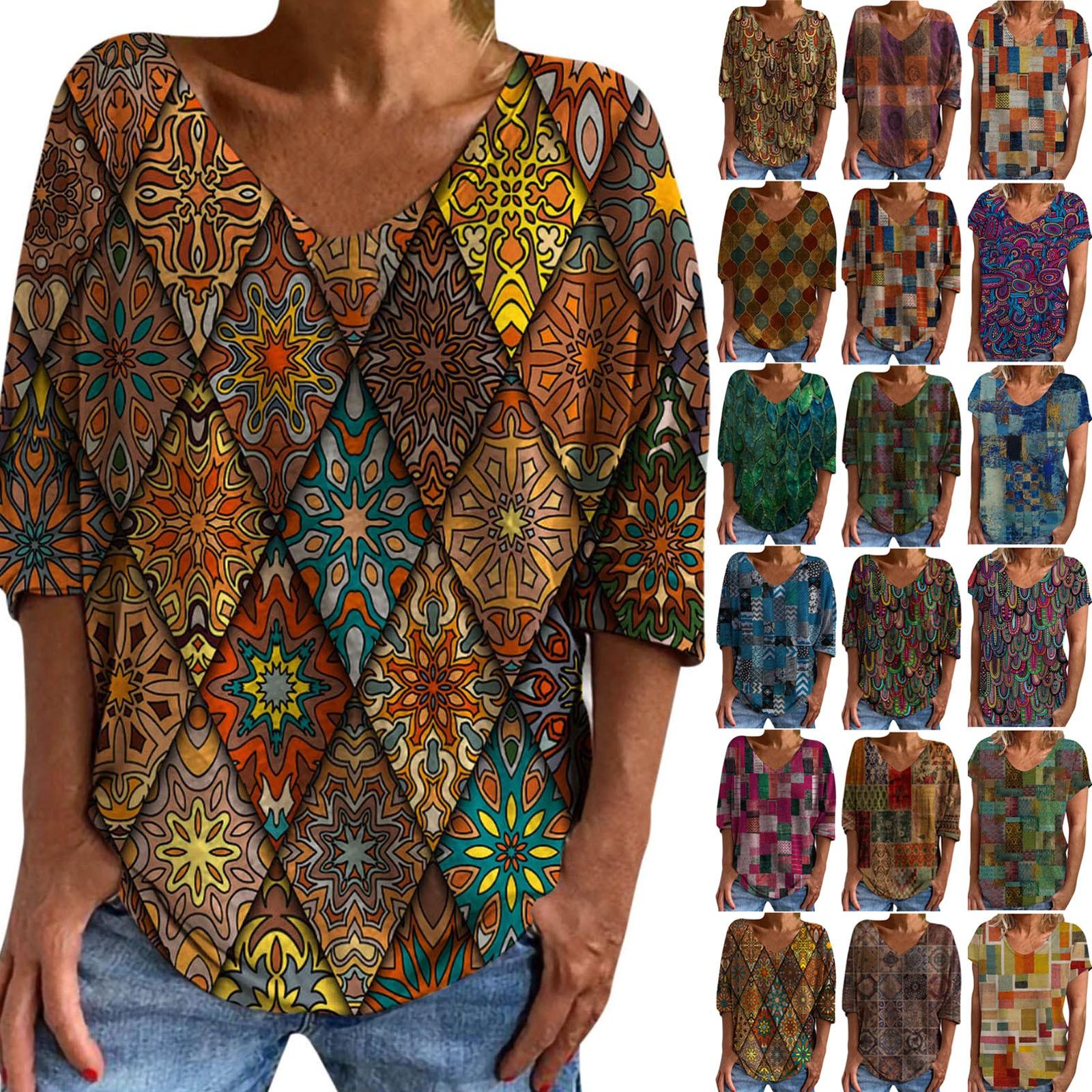 

Женские повседневные летние топы со средним рукавом и винтажным принтом для женщин, футболки с v-образным вырезом, топы