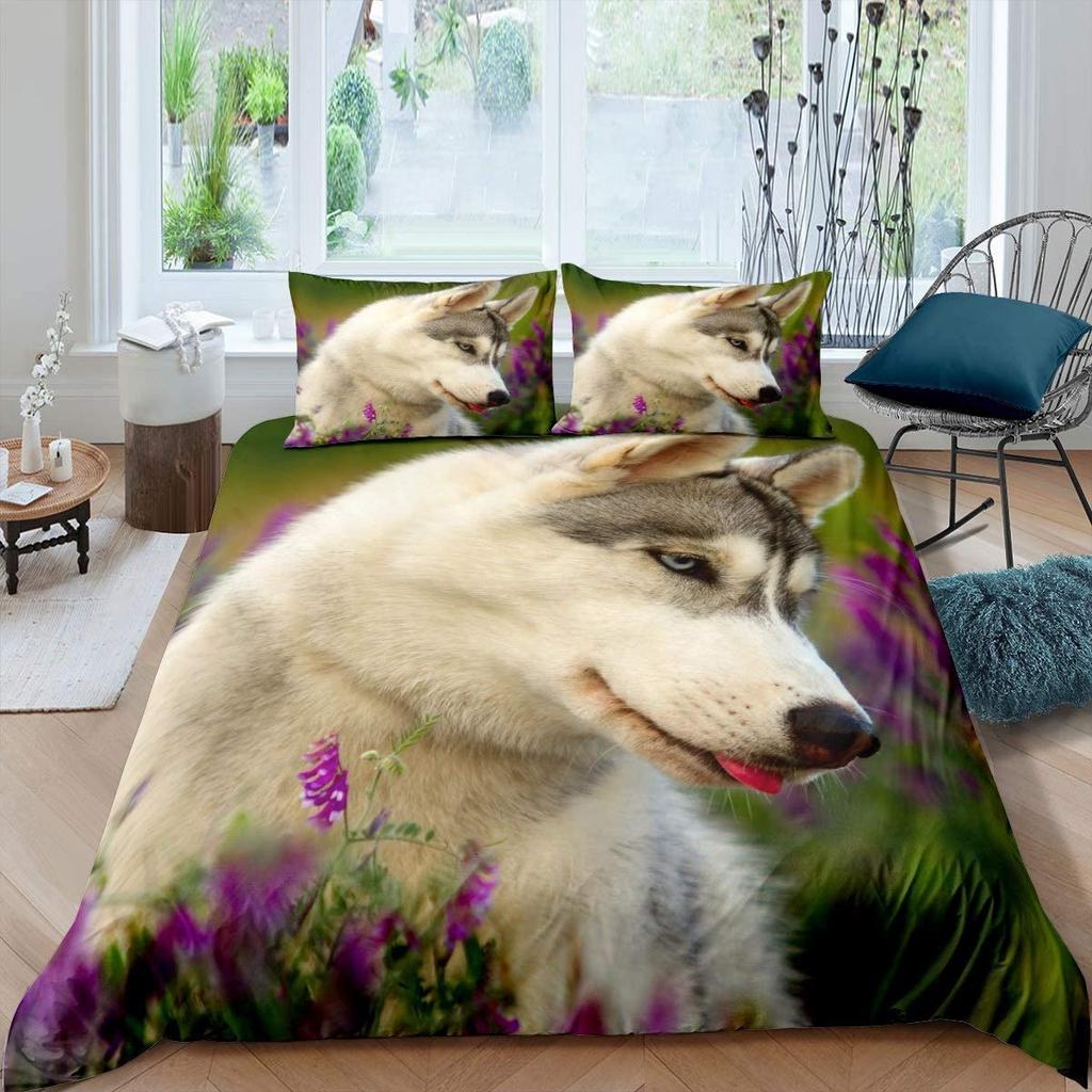 Husky Duvet Cover Puppy Pet Flower Floral Jungle Natural Scenery Cute Animal Bedding Set Polyester Double Queen King Quilt Cover