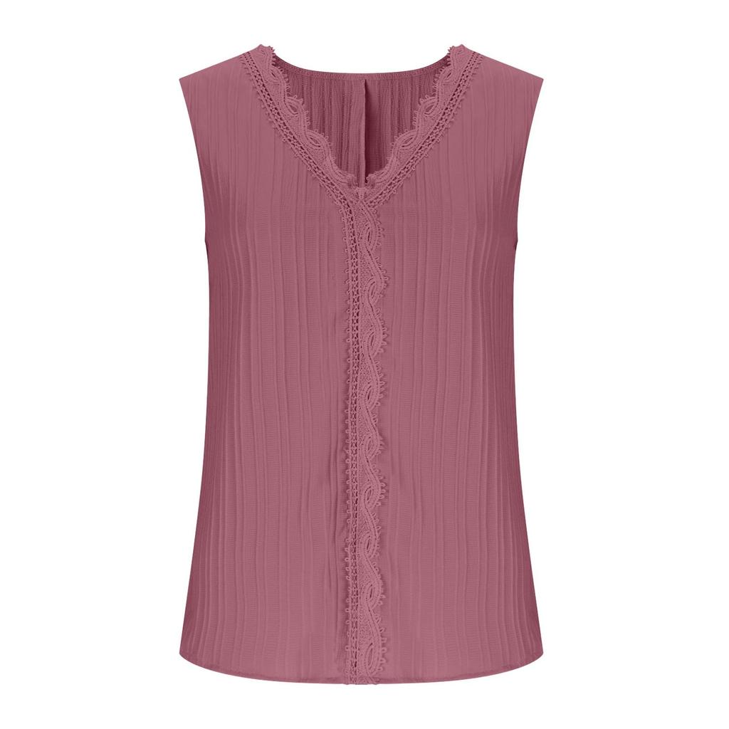 Women Loose V Neck Sleeveless Going Out Casual  Lace Trim Tank Tops