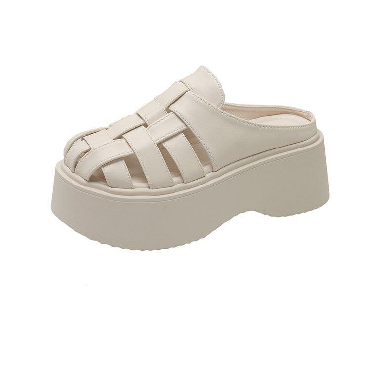 Thick bottom heightening bag head half slippers women's summer wear 2025 new summer fashion hollow muffin beach cool slippers
