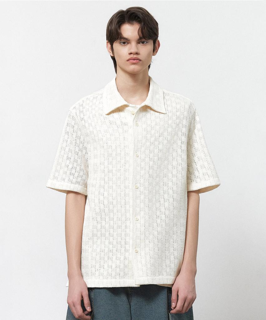 IL CORSO Zephyr Waffle Crochet Short Sleeve Shirt Cream Iesh5E410Cr