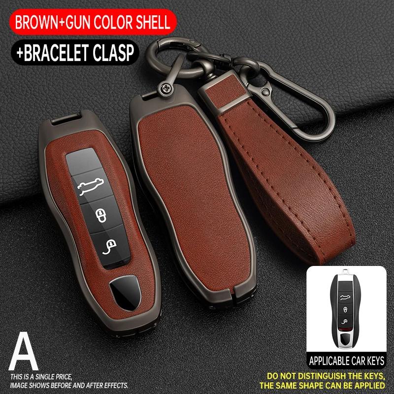 Zinc Alloy + Leather Car Key Case Cover Fob Holder For Porsche Cayenne Panamera 971 911 9YA Macan 718 Cayman Boxster 3 Remote