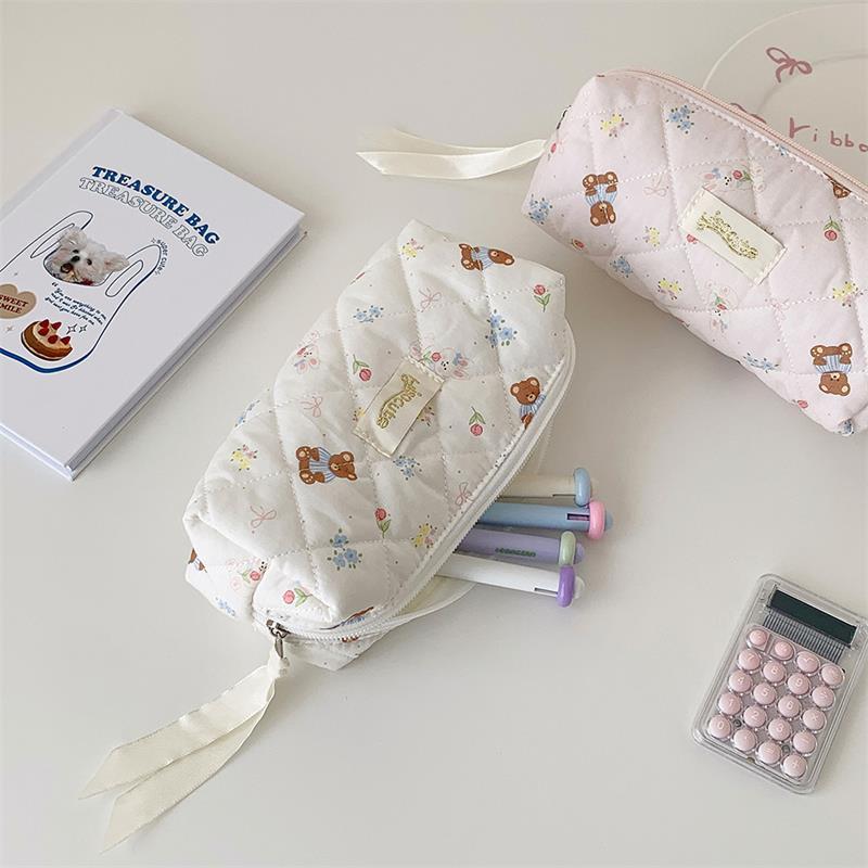 Cute Bear Prints Pencil Case Pen Bag Large-Capacity Student Stationery Storage Bag Portable  Girly Cosmetic Bag Gifts