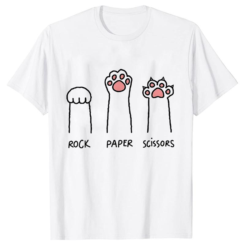 Schere Stein Papier Lustiges Katzenpfotenabdruck T-Shirt Damen Sommer Weiche Oversized Tops Mode Lässig Kurzarm Street T-Shirt
