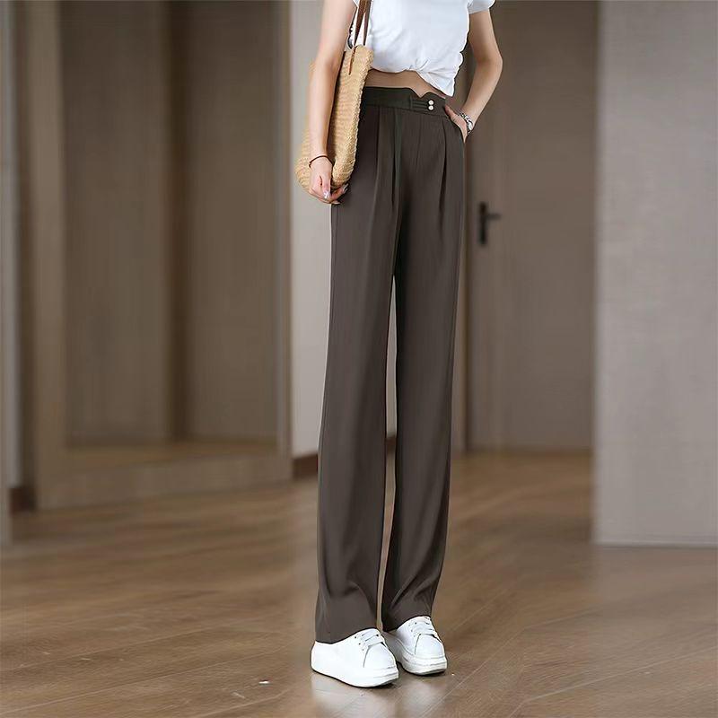 2025 Summer Women's High Waist Ice Silk Straight Leg Pants: Slimming, Tall, Versatile, and Cool