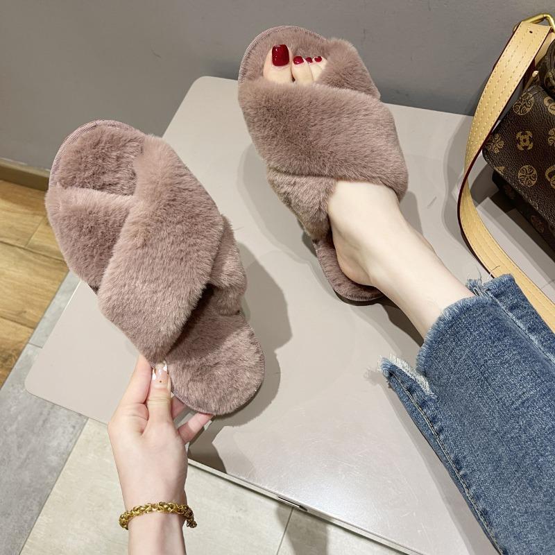 Large Size Fluffy Slippers Women's Autumn and Winter New Flat Bottom Home Indoor Cross Plush Cotton Mop