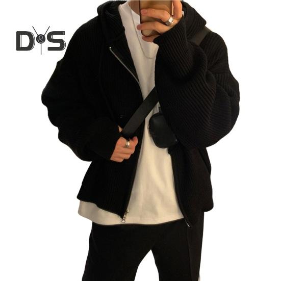 

Мужской свитер осень-зима пальто с капюшоном застежка-молния свободная застежка длинные рукава шнурок средней длины однотонный цвет ретро вязаная куртка M чёрный