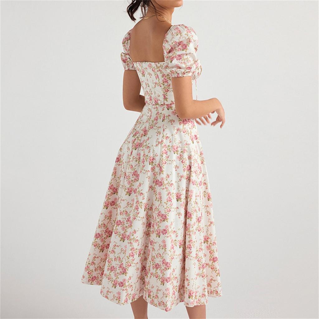 Women Summer Casual Short Sleeve Split Floral Printed Ladies Dress