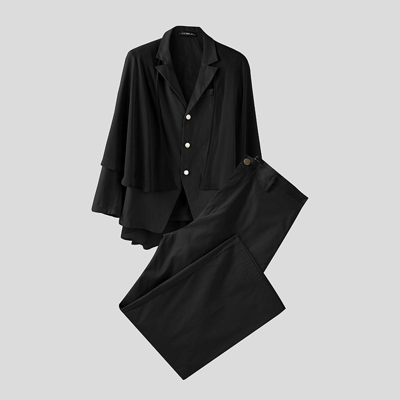 

INCERUN Men Sets Lapel Long Sleeve Mesh Cloak Blazer Long Suit Pants Two Pieces Outfits S чёрный