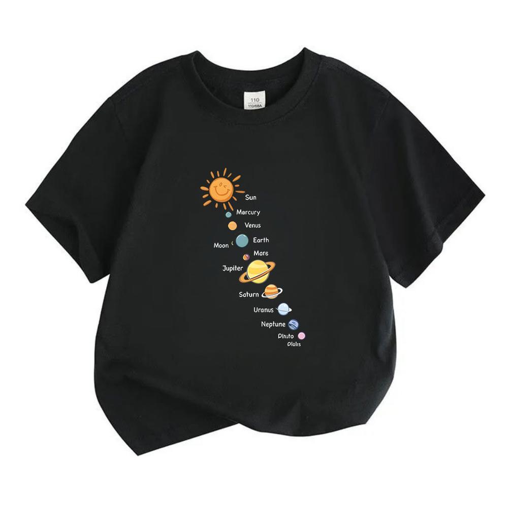 Kids Boys Girls 100% Cotton Crew Neck Short Sleeve T-Shirt, Cute Cartoon Solar System Sun Planets Print Casual Soft Breathable Tee for Children Daily