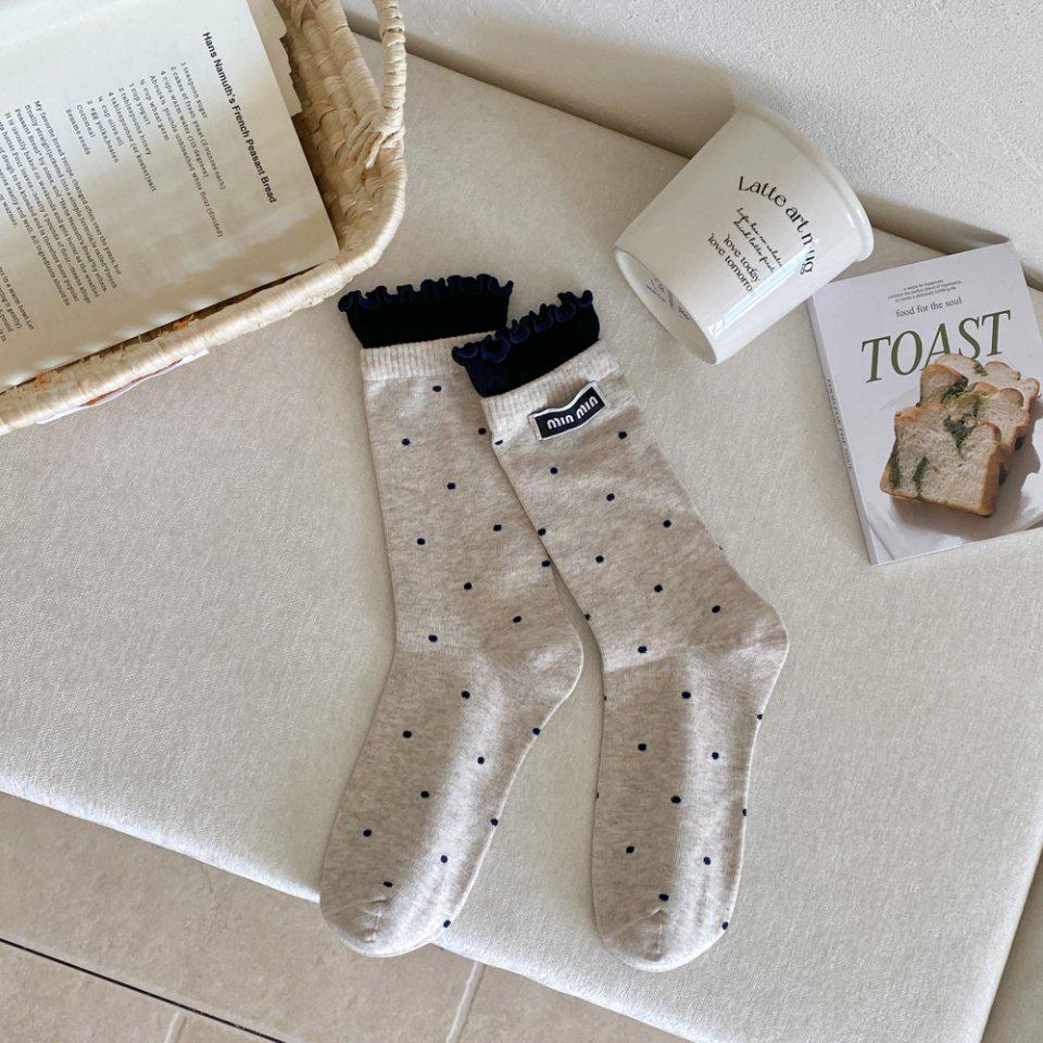 Chaussettes Mi-Mollet à Pois et Dentelle pour Femmes, Style Collège, Début d'Automne