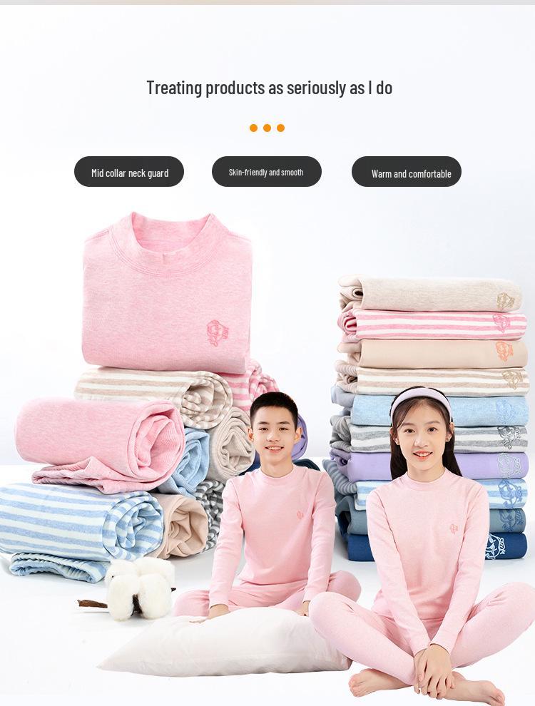Velvet Warm Underwear Set for Junior High Teens - Half-High Collar Top & Pants