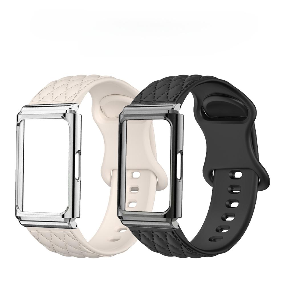 Diamond Texture Silicone Strap with Metal Protective Case for Huawei Band 11 / Huawei Band 11 Pro Replacement Smart Band Wristband