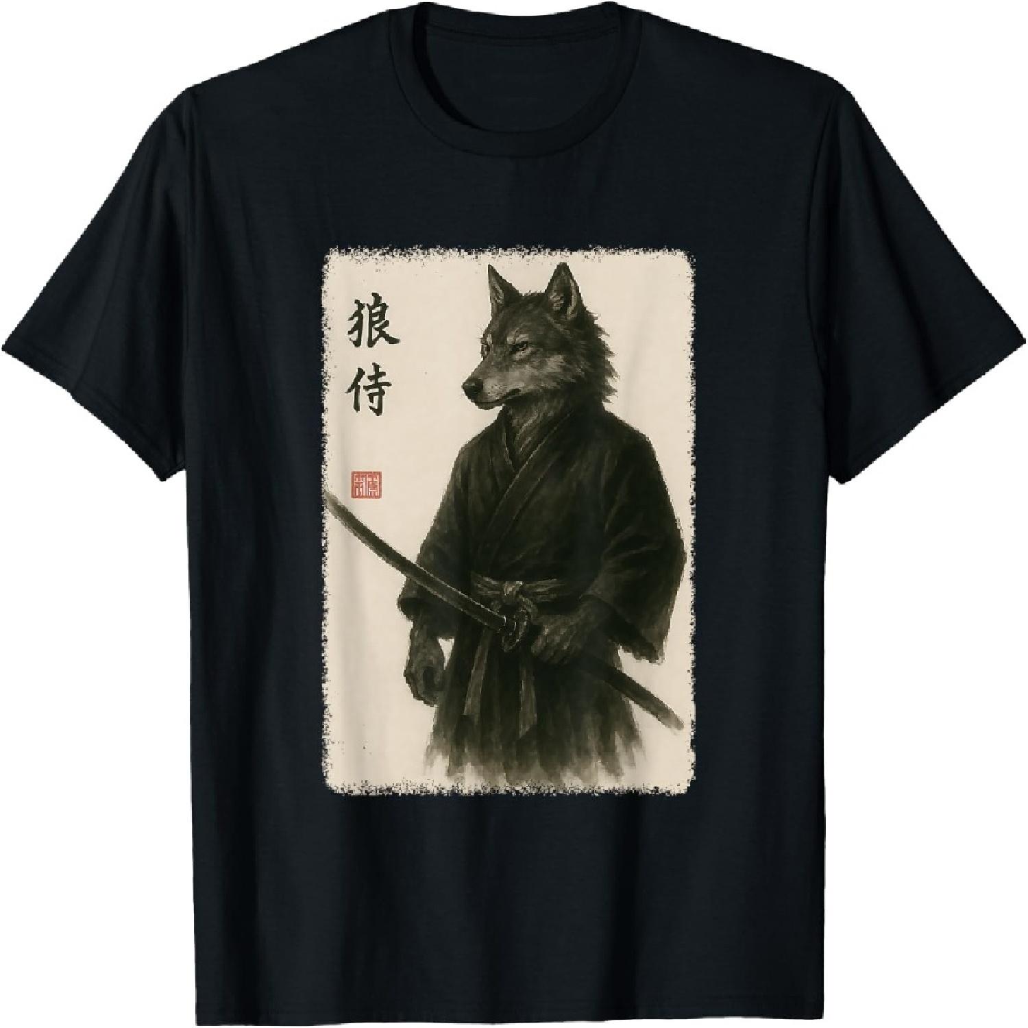 Samurai Wolf Funny Vintage Japanese Graphic Art T-Shirt S