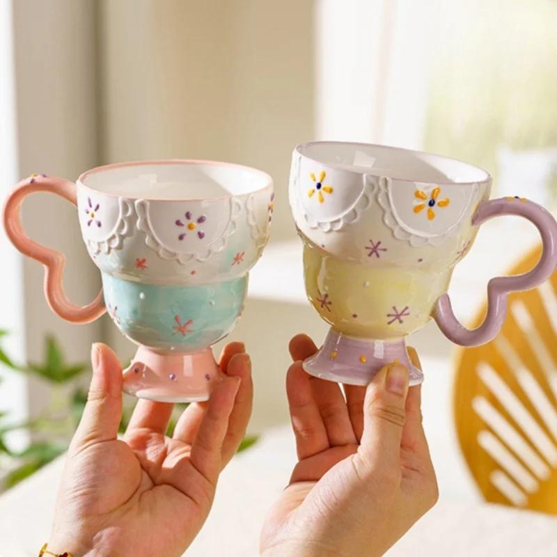 Tazza in Ceramica Carina Dipinta a Mano con Rilievo Tazza da Caffè Elegante Chic Tazza per Latte Avena Matcha Acqua Accessorio da Cucina Bicchieri Regalo