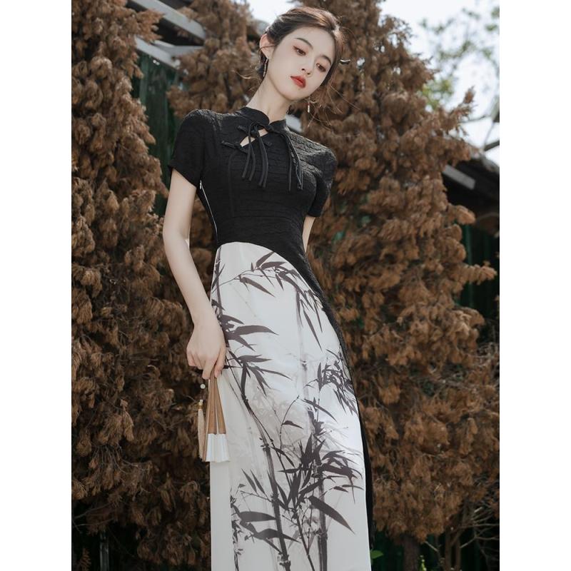 Letní retro čínský styl vylepšené dámské šaty Cheongsam černým inkoustem