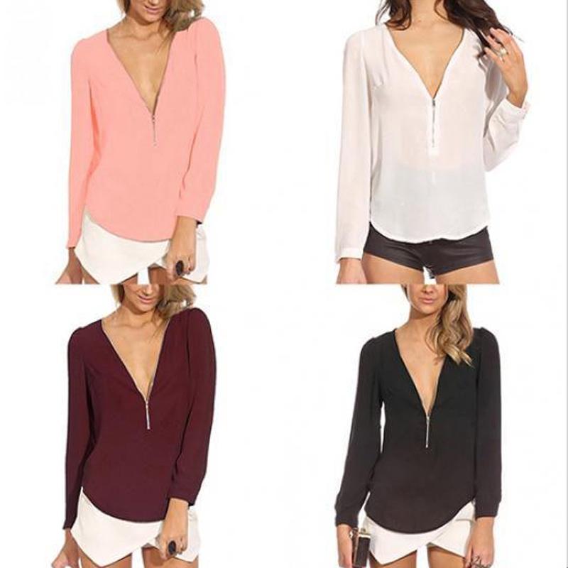 Elegant Women's Fashion Casual Autumn Blouse With V Neck And Long Sleeves Zipper Top