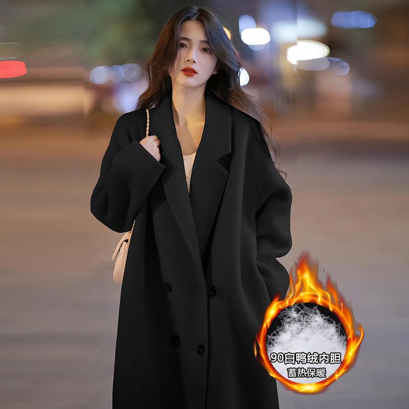 Black medium and long down jacket women's winter small man feeling down liner cashmere woolen coat coat