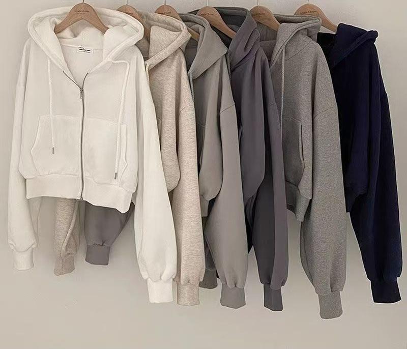 Spring New Solid Color 350g Heavy Short Cardigan Sport Zipper Cardigan Womens Smooth Hoodie Solid Color Fashionable Short Hoodie