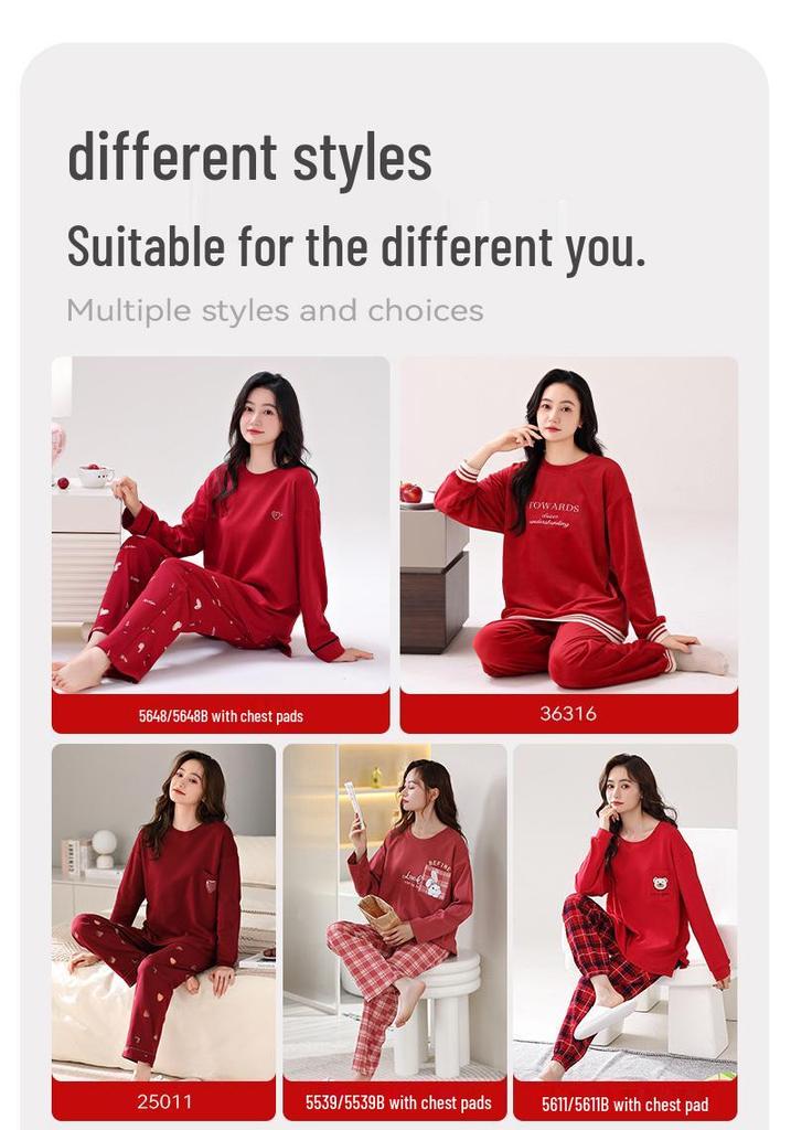100% Cotton Women's Red Pajamas - Spring/Fall Wedding Year of the Rat Long Sleeve Plus Size Set