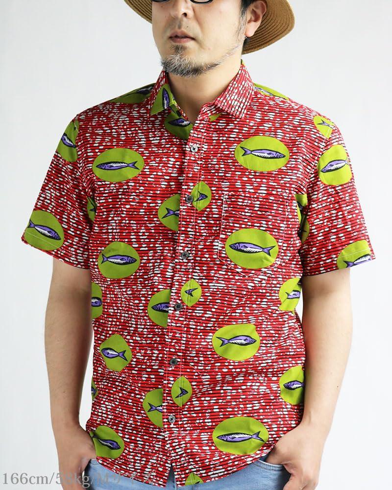 Quintet African Print Fish Polka Short Sleeve African Made In VINTAGE EL Shirt, Print, Border, Dots, Men's Shirt, Batik, Japan, 11-70553 (M, 15, Red)
