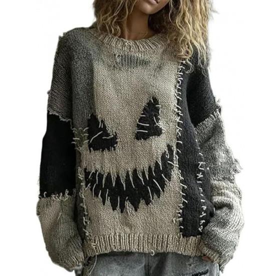 Halloween Skummel Ansikt Genser for Kvinner Patchwork Trykk Strikket Genser Topp Langermet Rund hals Sydd Høstantrekk