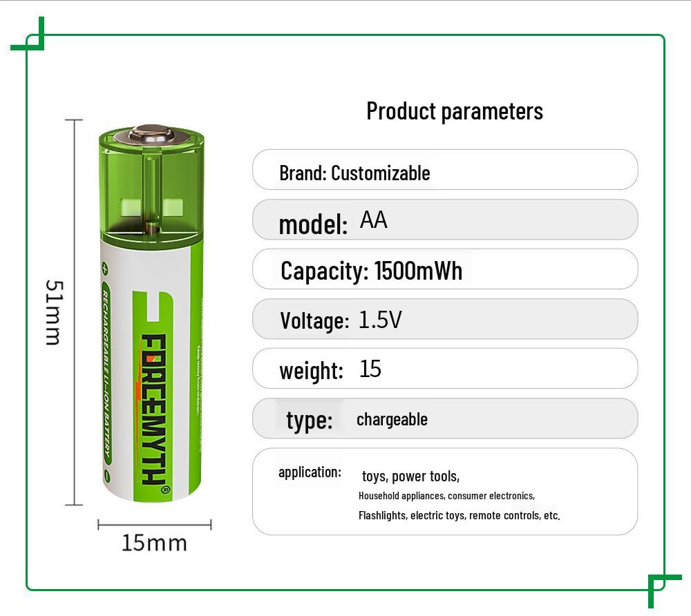Rechargeable 1.5V USB Fast Charge Lithium Battery for Toy Cars, Calculators, and Mice, Size 5