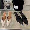 Fashion SUOJIALUN 2025 New Brand Women Slipper Fashion Shallow Slip On Ladies Elegant Mules Shoes Thin High Heel Dress Slides Pumps Shoe