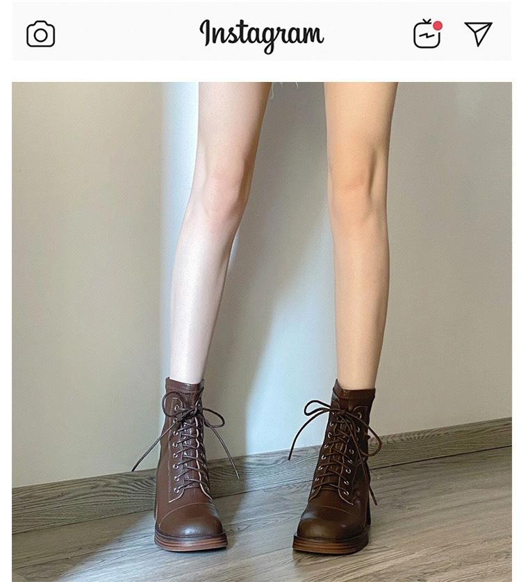 Fashion New Autumn/Winter Split Leather Women Boots Round Toe Chunky Heels Boots for Women Short Boots Zapatos Mujer Lace High Heels