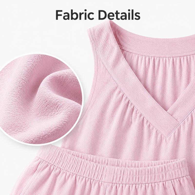 Women Sleeveless V Neck Two Piece Pajama Set With Loose Tank Top And Pocket Shorts For Casual Home Lounge Sleepwear Summer Daily Wear Outfit